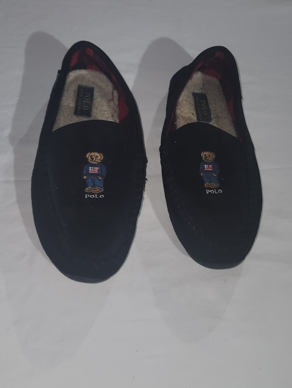 Polo Ralph Lauren Declan Bear Slippers Size 10 Suede Moccasin Plaid Lined